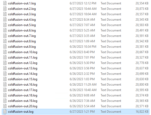 Example of coldfusion-out.log directory listing and its archives.
