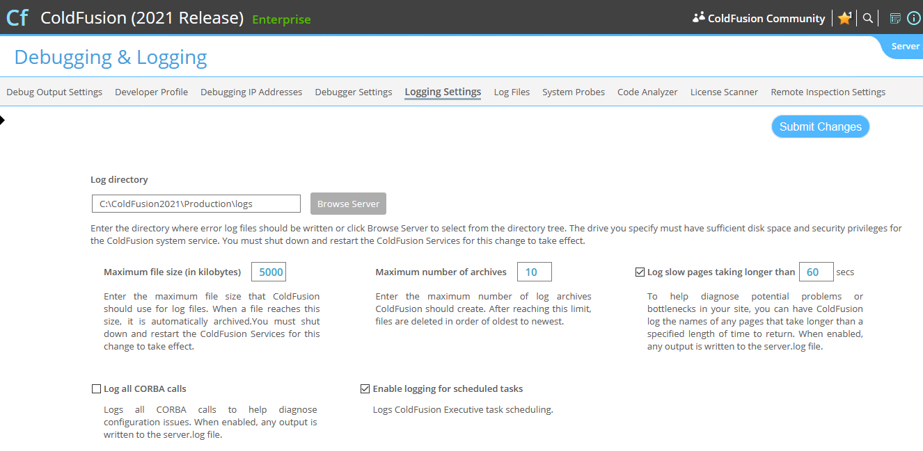 ColdFusion 2021 Debugging & Logging Settings UI