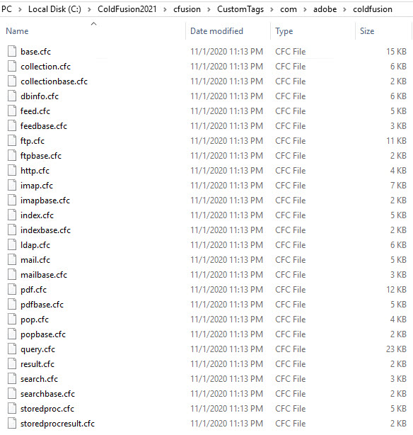 Screenshot of Adobe ColdFusion 2021 Installation Directory Containing Custom Tags for CFCs